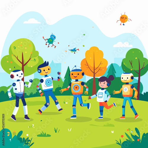 Robots and Child Playing in Grassy Park with Trees Blue Sky and Cityscape Background Cheerful Scene with Group of Cartoon Characters Having Fun in Spring Day