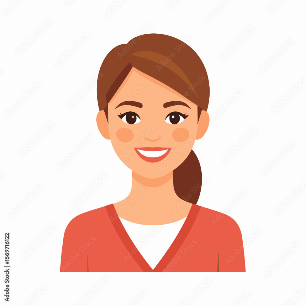 Smiling Brunette Woman Portrait with Red Shirt and White Top Avatar Style Illustration on a White Background Smiling Brunette Woman Portrait with Red Shirt and White Top Avatar Style Illustration on a White Background