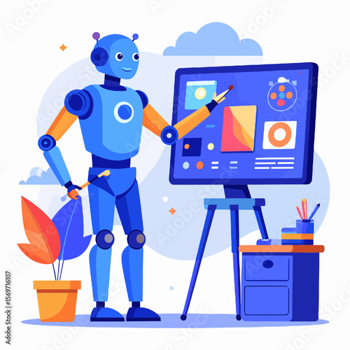 Smiling Blue Robot Presenting Data on Screen with Pencil in Brightly Lit Room with Minimalist Design
