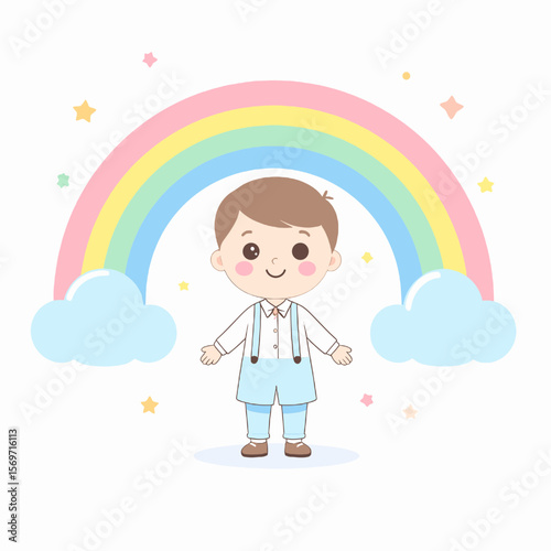 Smiling Boy in Light Blue Outfit under Pastel Rainbow with Clouds and Starry Accents on White Background
