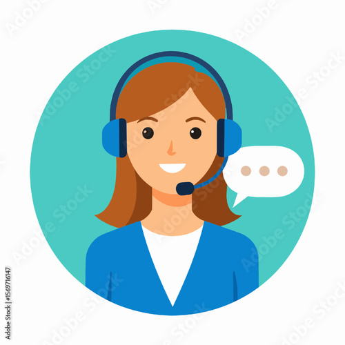 Smiling Brunette Woman Wearing Blue Headset with Microphone and Chat Bubble on Turquoise Background