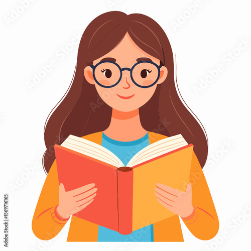 Smiling Brunette Woman with Glasses Reading an Open Book in Casual Attire Against a White Background