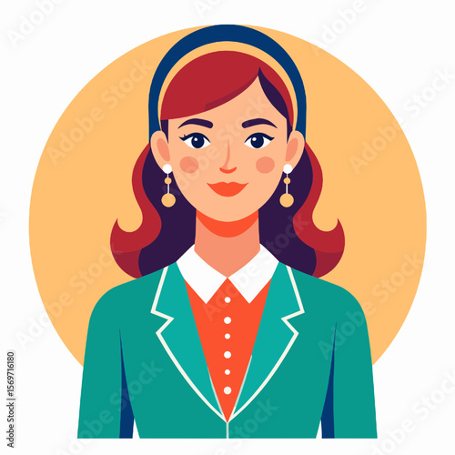 Smiling Businesswoman Portrait with Teal Blazer and Orange Shirt in Front of Beige Circular Background Office Professional