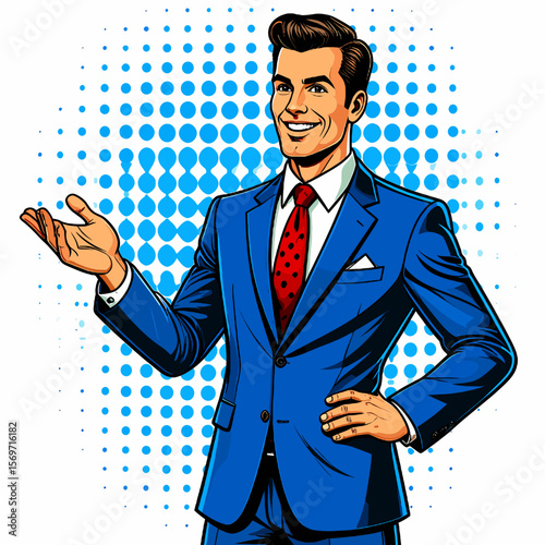 Smiling Businessman Presenting with Blue Suit Red Tie on Dotted Background Gesture of Explanation and Confidence Professional Corporate Setting