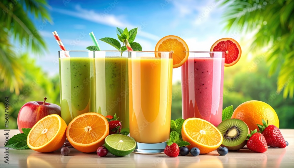 Fototapeta premium Colorful fresh fruit juices in glasses surrounded by assorted fruits on a sunny outdoor table.
