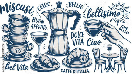 Vector art of italian coffee break with croissants and wine