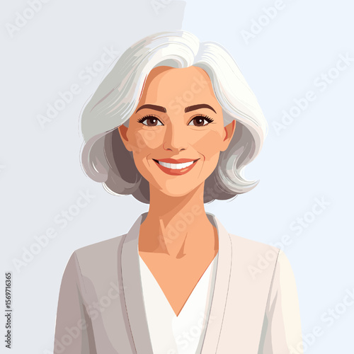 Smiling Mature Woman with Grey Hair in Professional White Blazer in Digital Portrait Style on Clean Background