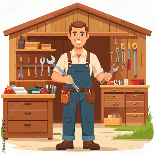 Smiling Mechanic in Blue Overalls Holding Wrenches in a Wood Workshop with Shelves and Workbench Filled with Equipment