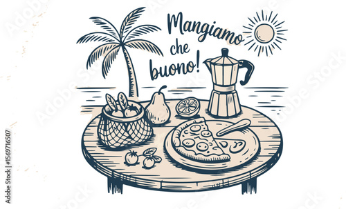 Vector art of italian seaside breakfast with pizza and coffee
