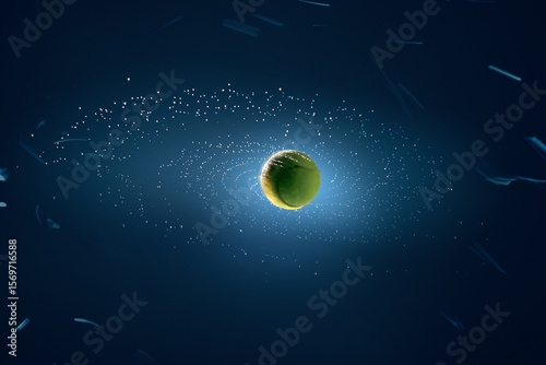 Fototapeta Naklejka Na Ścianę i Meble -  Flying tennis ball in dark background with orbiting particles and glowing elements. Concept of breakthrough ideas and innovation for startup and tech marketing