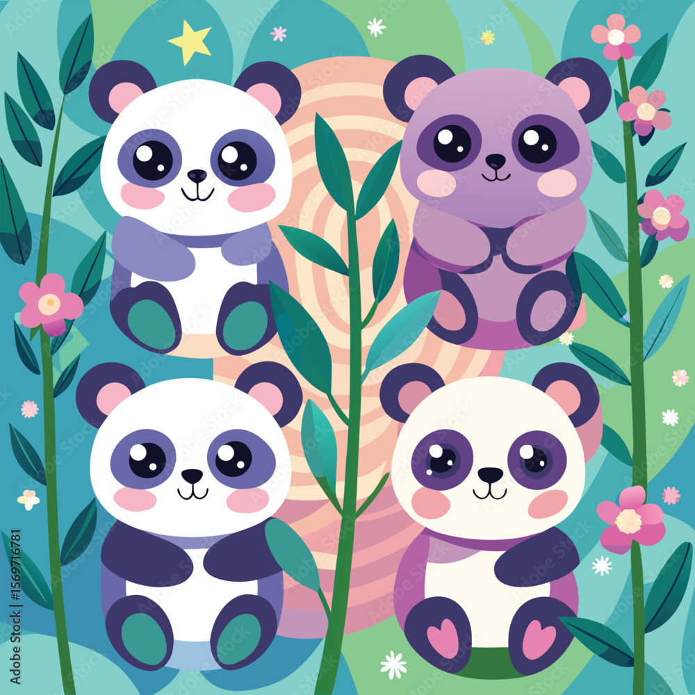 Fototapeta premium Four Adorable Cartoon Panda Cubs Separately Designed