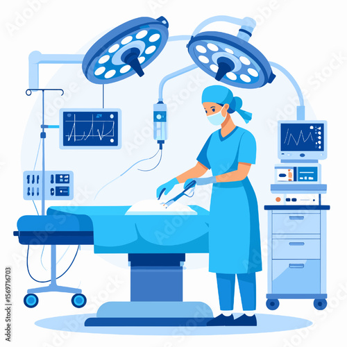 Surgeon in Blue Scrubs Performing Surgery in a Sterile Operating Room with Medical Equipment and Bright Lighting During a Clinical Procedure Illustration
