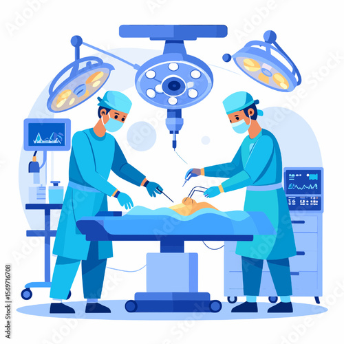 Surgical Operation in Progress with Surgeons in Blue Scrubs Under Bright Operating Lights on Table in a Sterile Operating Room