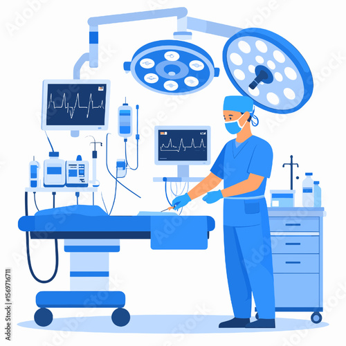 Surgeon Performing Operation In Blue Scrubs With Surgical Equipment And Monitors In Modern Operating Room At Hospital