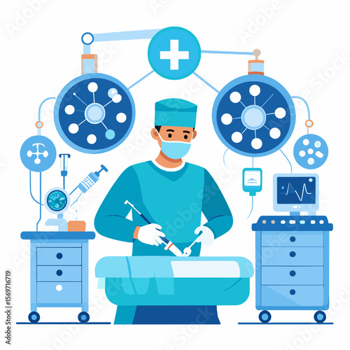 Surgeon Performing Operation in Operating Theater with Medical Equipment in Soft Blue Tones Depicts a Clinical Setting