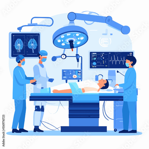 Surgical Team Performing Operation in Modern Operating Room with Advanced Medical Equipment and Brain Scans Displayed