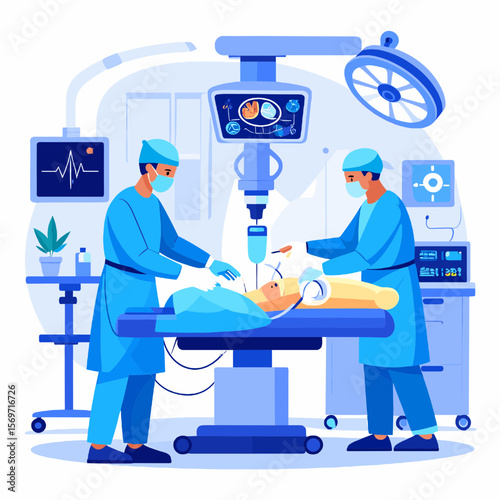 Surgical Team Performing Operation on Patient Under Bright Lights in Operating Room with Medical Equipment Monitors in Blue and White Tone