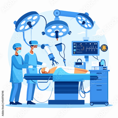 Surgical Team Performing Operation with Advanced Medical Equipment in Sterile Blue Lit Operating Room