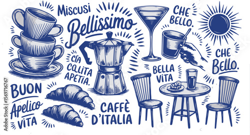 Vector art of italian coffee break with croissants and wine
