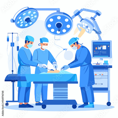 Surgical Team Performs Operation Under Bright Medical Lights in a Hospital Operating Room with Blue Uniforms and Advanced Equipment