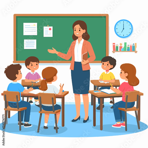 Teacher Explaining Lesson to Elementary Students in Classroom with Desks and Chalkboard Flat Illustration Style