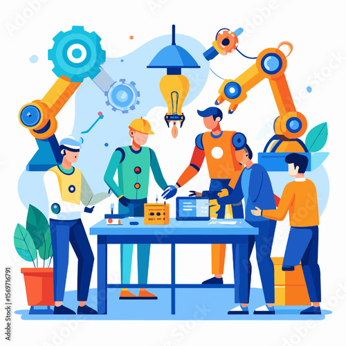 Team of Engineers Collaborating on Automated Manufacturing Systems with Robotics and Advanced Technology in Modern Factory Setting