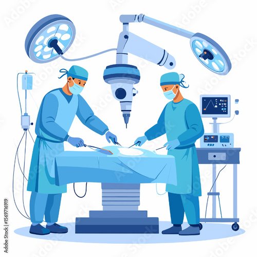 Two Surgeons Performing Operation With Surgical Equipment And Bright Lighting in Operating Room Healthcare Setting
