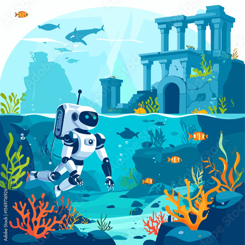 Underwater Robot Exploring Ancient Ruins with Tropical Fish and Coral in a Pixel Art Style Ocean Scene with Blue and Turquoise Waters