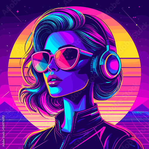 Vaporwave Style Portrait of Woman Wearing Headphones and Sunglasses with Neon Color Palette and Pixelated Background