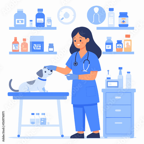 Veterinarian in Blue Uniform Checking a Dog with Shelf of Bottles on a White Background Veterinary Doctor Caring for Puppy in a Clinic Setting