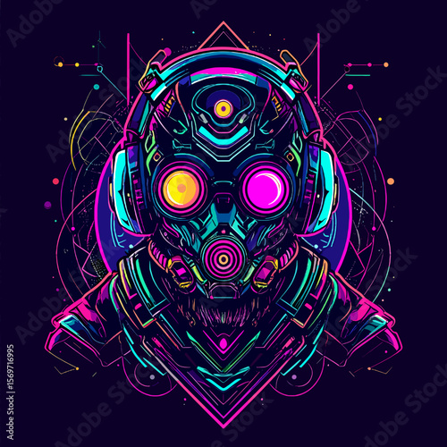 Vibrant Abstract Cyberpunk Portrait of Futuristic Helmet in Geometric Triangle with Neon Pixel Accents