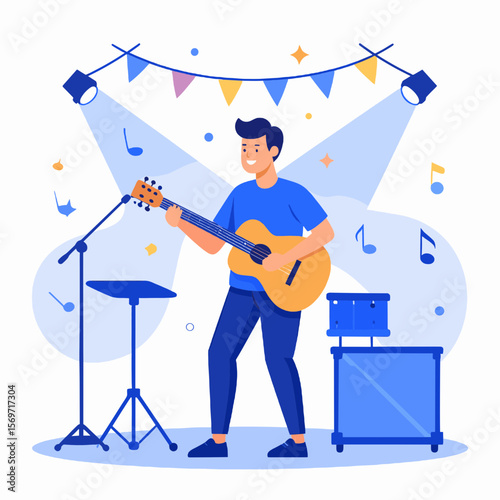 Young Man Performing on Stage with Guitar under Spotlights at Music Event Featuring Microphone and Drum Set