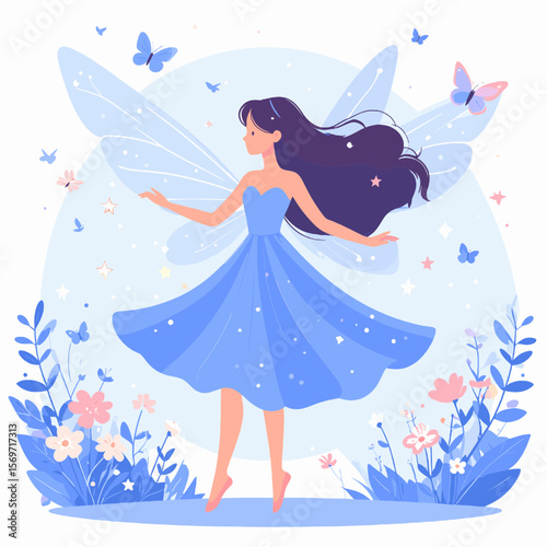 Magical Fairy in Blue Dress with Wings and Floral Ornamentation Against a Soft White Background Detailed Vector Illustration