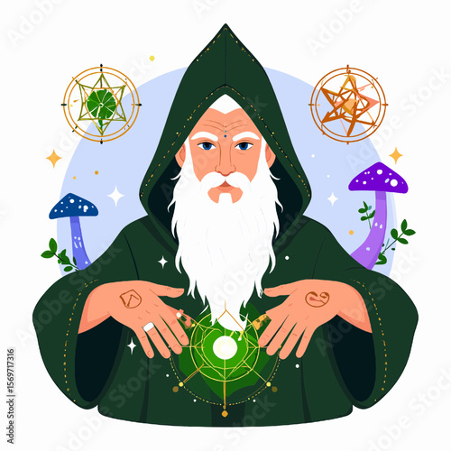 Magical Wizard Character with Green Cloak Mystical Symbols and Mushrooms in Spiritual Illustration Style