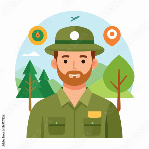 Male Forest Ranger with Green Uniform Hat and Beard Amidst Trees Mountains Compass and Location Icon Flat Vector Style