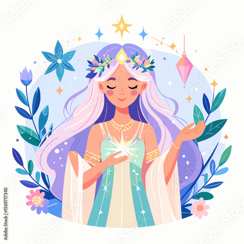 Magical Woman with Floral Crown Holding Star in Fantasy Illustration with Pastel Colors and Decorative Elements