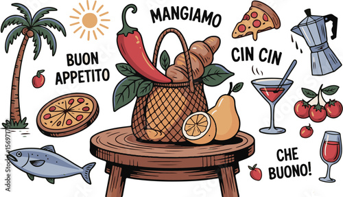 Vector art of italian food and drinks with italian phrases