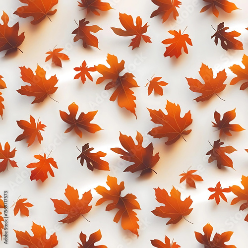 Autumnal Dance: A vibrant collection of autumn leaves in shades of brown and orange cascade gracefully on a smooth backdrop. Seamless Autumn Leaves Pattern – Warm Fall Vector Design