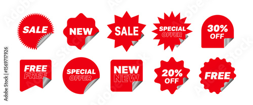 Red Promotion Sticker Vector Set, Sale, Discount, New Product, and Special Offer Tags with Folded Corner Design