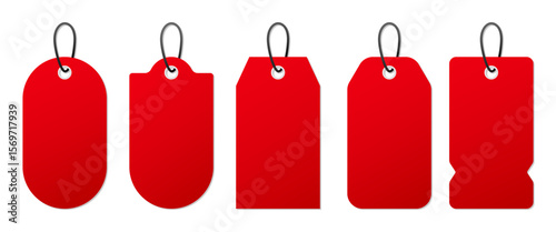 Isolated Minimal Red Hanging Labels Set, Blank Price Tags for Sale and Promotion Display, Editable