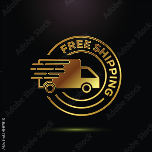 Gold Free Shipping Icon. Fast Delivery Truck, Premium E-commerce Badge, Luxury Branding Graphic