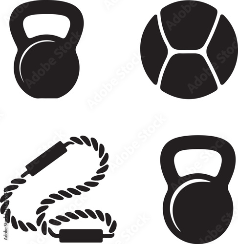 "Functional Training Equipment Icons - Kettlebells, Medicine Balls, and Jump Ropes".