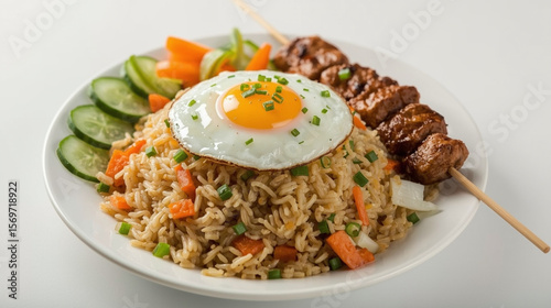 Savory Fried Rice with Sunny-Side Egg and Grilled Skewers