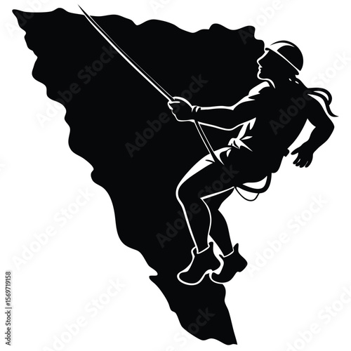 Black silhouette female rock climber rappelling down steep cliff face using rope and safety gear