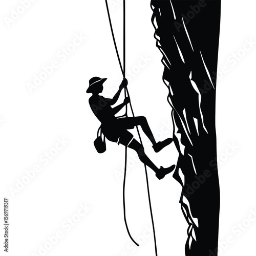 Black silhouette of a person rappelling down a steep rocky cliff face using ropes and climbing gear