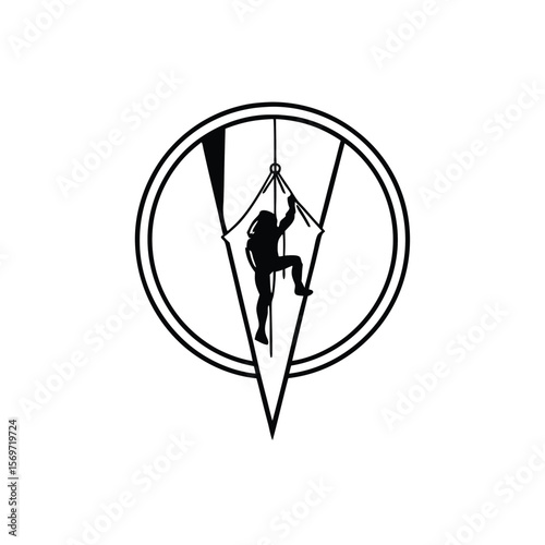 Black Silhouette Climber Ascending Diamond Shape Inside Double Circle Logo Design