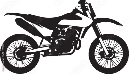  silhouette of a dirt bike motorcycle with knobby tires and detailed engine in black and white off-road design