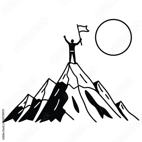 Black And White Illustration Of Person Reaching Mountain Peak Holding Flag Under Sun