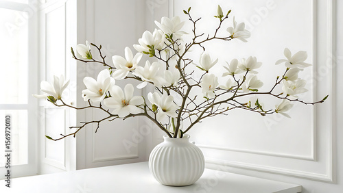 White magnolia branch in elegant white vase