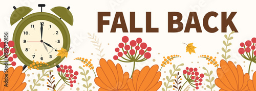 Autumn hand-drawn Fall back banner. Change your clocks card for Daylight Saving Time